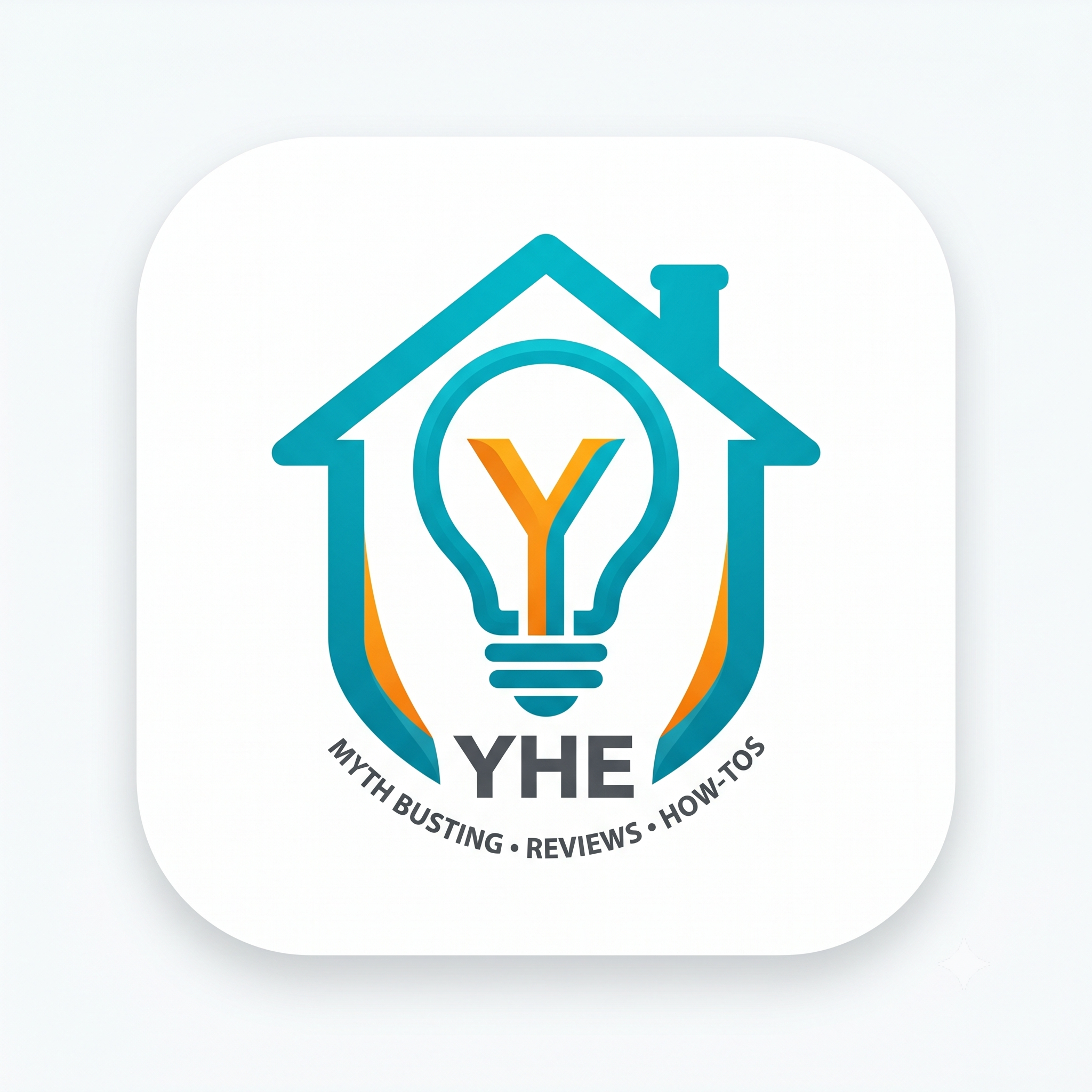 Logo for Your Home Explained featuring a cyan house outline enclosing a lightbulb with an orange letter Y, labeled with the initials YHE and text for myth busting, reviews, and how-tos.