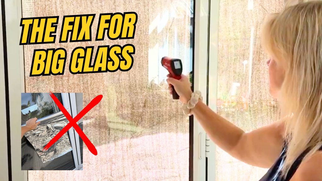 woman measuring temperature of glass with shade cloth