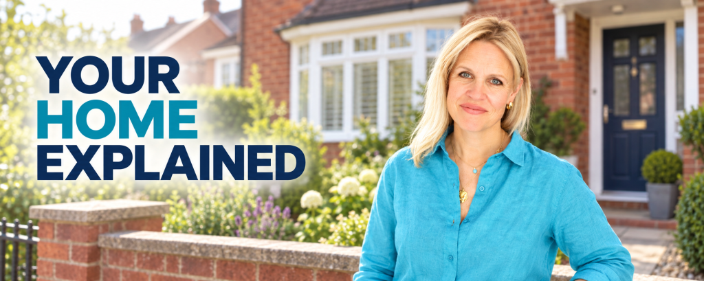 Georgina Bisby, editor of Your Home Explained, standing outside a house, with the Your Home Explained logo overlaid on the image.